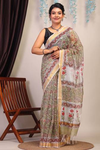 olive green zari work kota doria kota doria ethnic saree with unstitched blouse