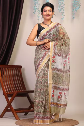 olive green zari work kota doria kota doria ethnic saree with unstitched blouse