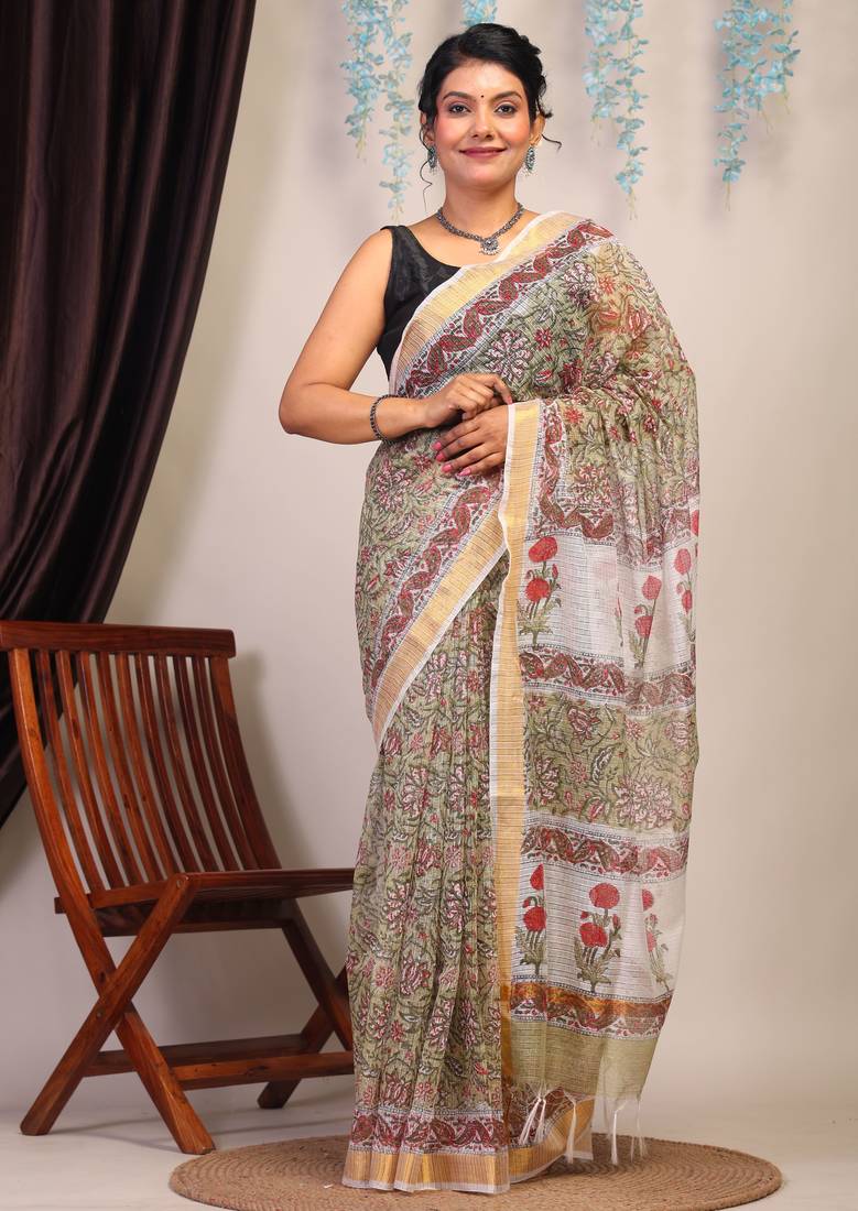 olive green zari work kota doria kota doria ethnic saree with unstitched blouse