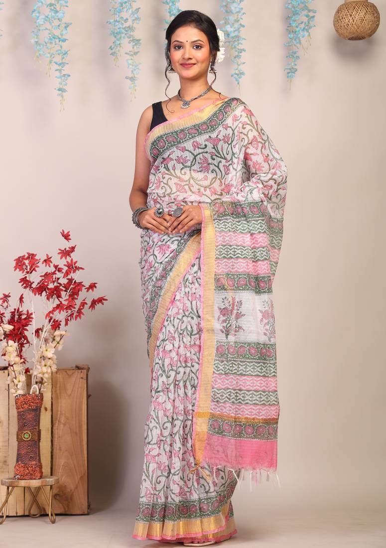 multicolor zari work kota doria kota doria ethnic saree with unstitched blouse