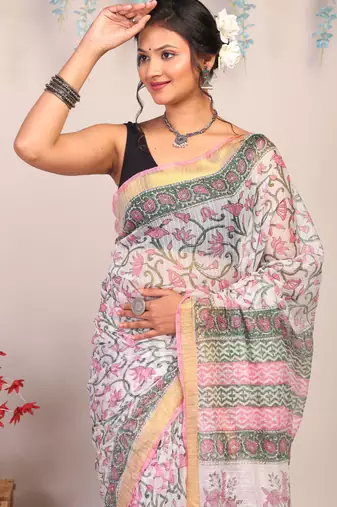 multicolor zari work kota doria kota doria ethnic saree with unstitched blouse