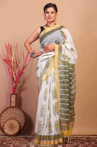 white zari work kota doria kota doria ethnic saree with unstitched blouse