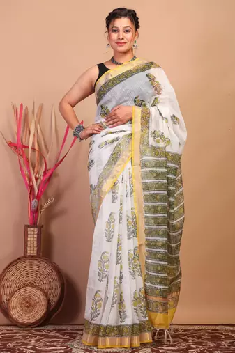 white zari work kota doria kota doria ethnic saree with unstitched blouse