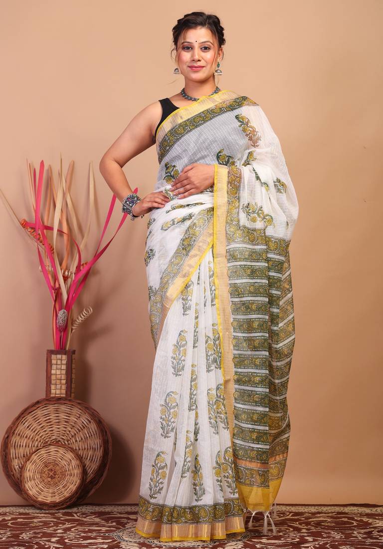 white zari work kota doria kota doria ethnic saree with unstitched blouse