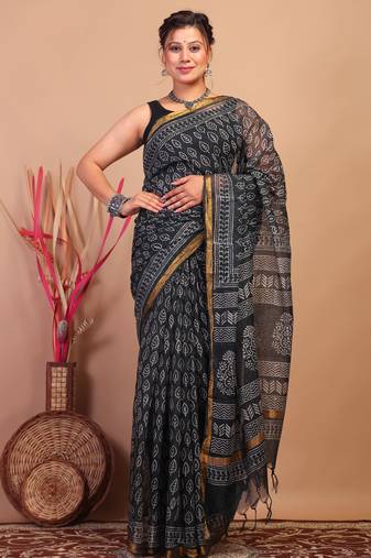 black zari work kota doria kota doria ethnic saree with unstitched blouse