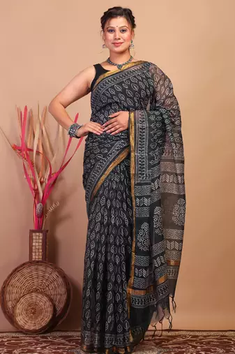 black zari work kota doria kota doria ethnic saree with unstitched blouse