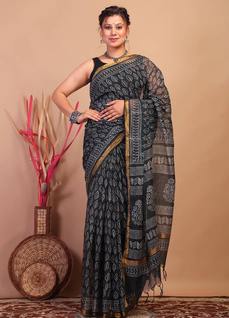 black zari work kota doria kota doria ethnic saree with unstitched blouse