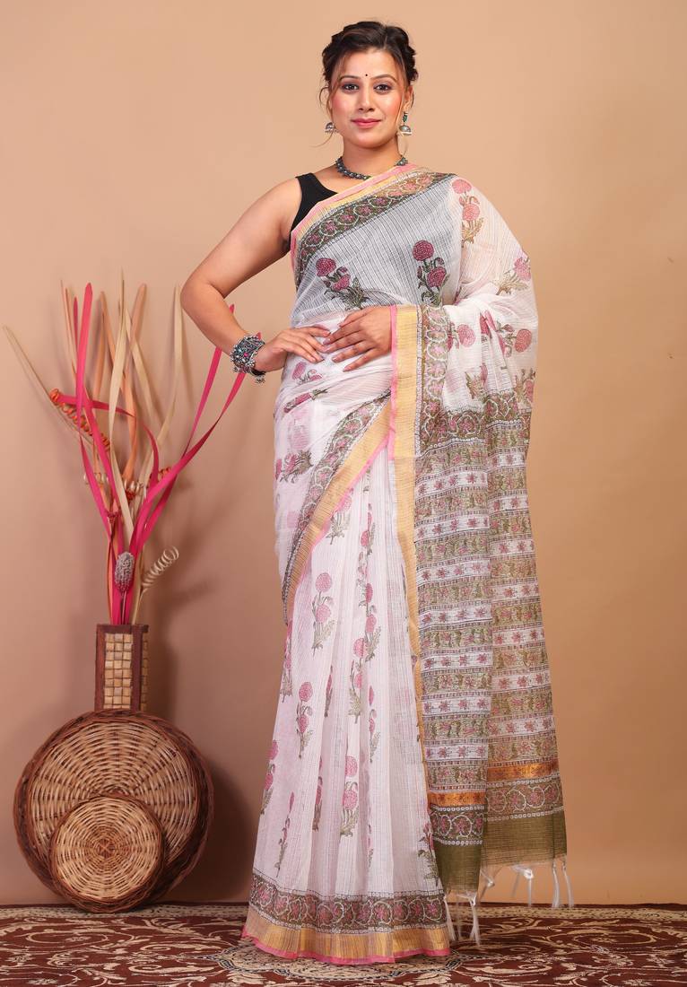 white zari work kota doria kota doria ethnic saree with unstitched blouse