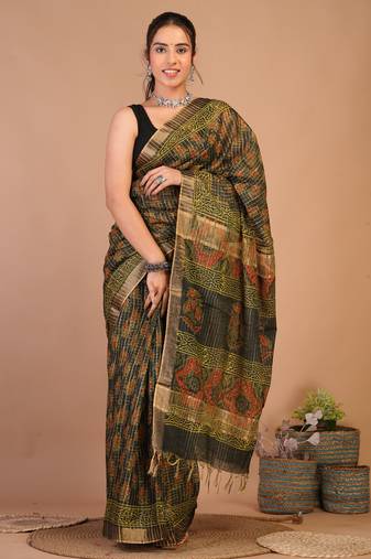 rama green zari work, tassle cotton silk blend bhagalpuri ethnic saree with unstitched blouse