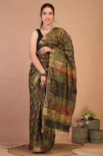 rama green zari work, tassle cotton silk blend bhagalpuri ethnic saree with unstitched blouse