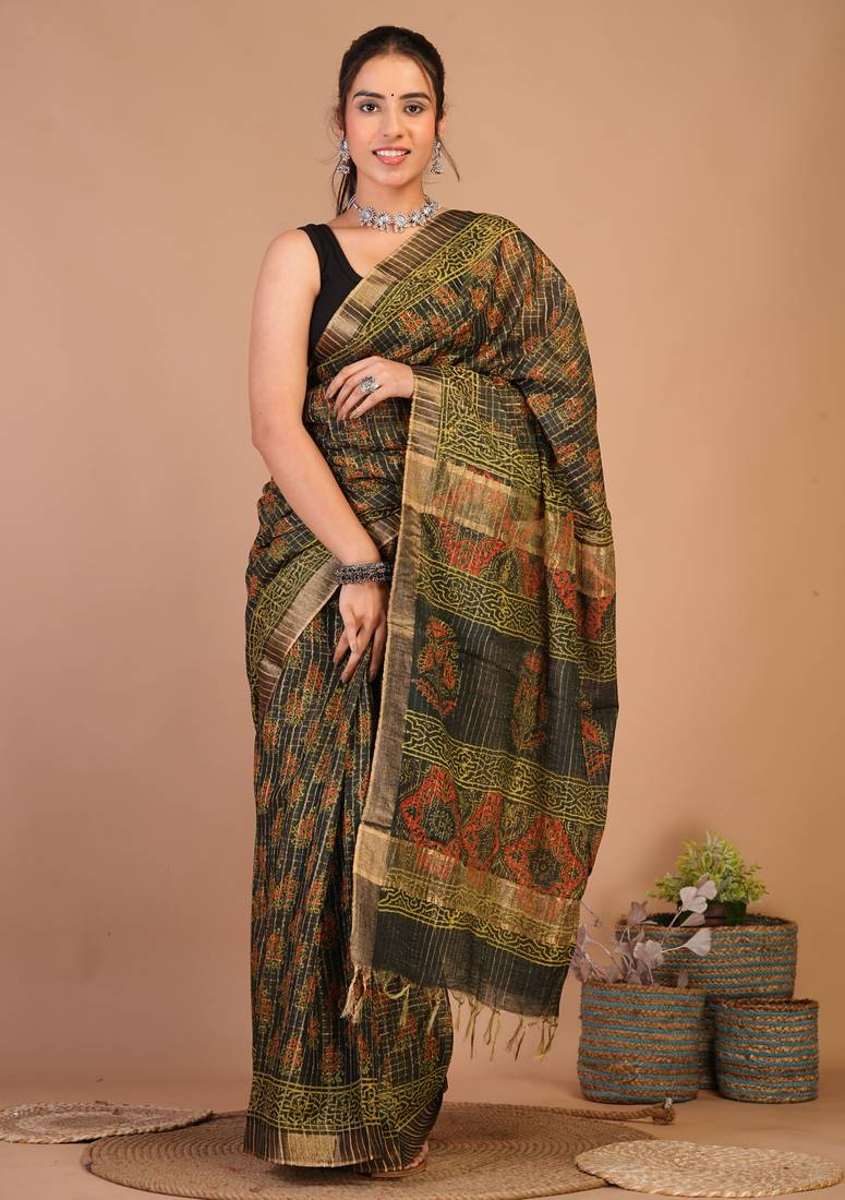 rama green zari work, tassle cotton silk blend bhagalpuri ethnic saree with unstitched blouse