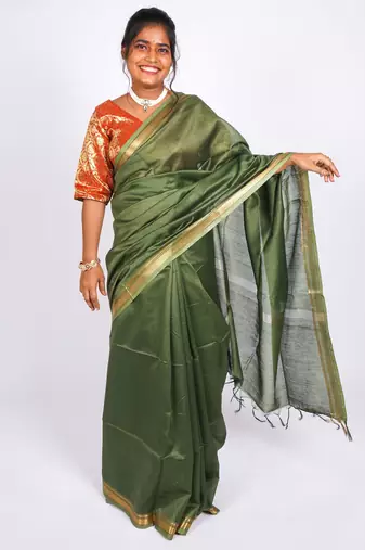 rama green gold zari, maheshwari work tusser silk blend bhagalpuri ethnic saree with unstitched blouse