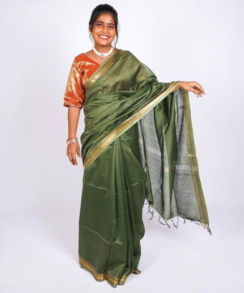 rama green gold zari, maheshwari work tusser silk blend bhagalpuri ethnic saree with unstitched blouse