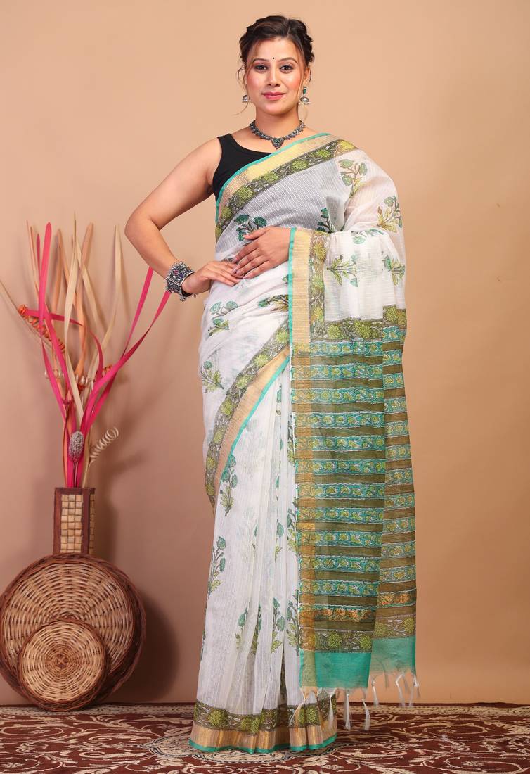 white zari work kota doria kota doria ethnic saree with unstitched blouse