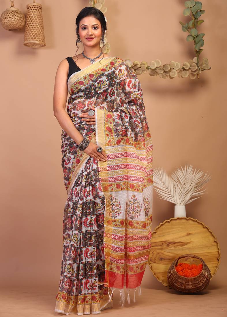 multicolor zari work kota doria kota doria ethnic saree with unstitched blouse