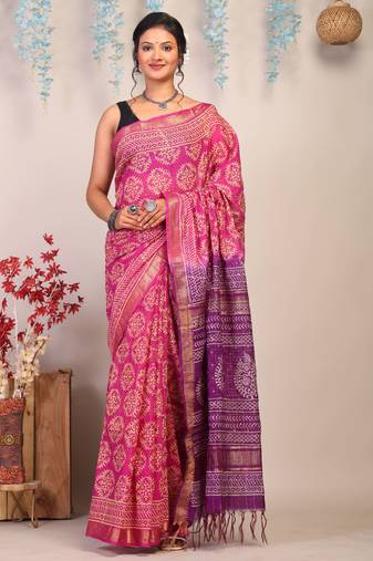pink & purple zari work cotton silk blend bhagalpuri ethnic saree with unstitched blouse