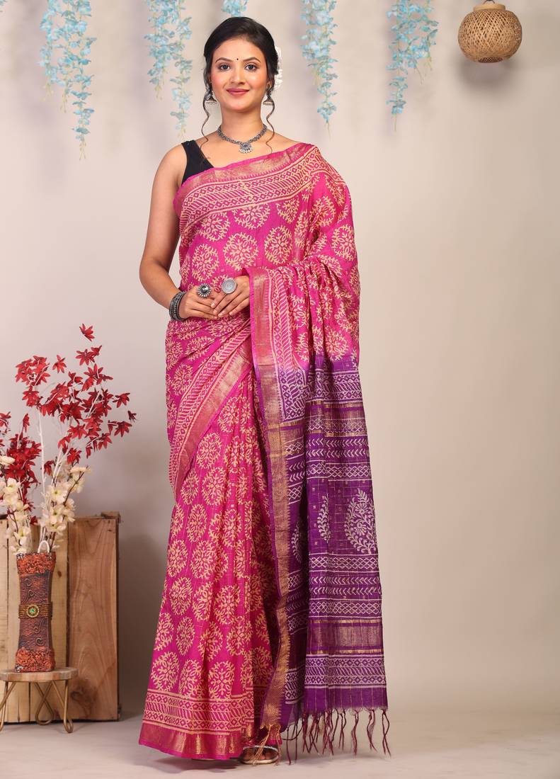 pink & purple zari work cotton silk blend bhagalpuri ethnic saree with unstitched blouse