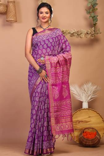 purple & pink zari work cotton silk blend bhagalpuri ethnic saree with unstitched blouse