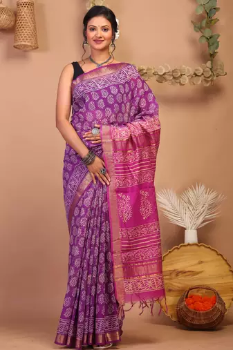purple & pink zari work cotton silk blend bhagalpuri ethnic saree with unstitched blouse