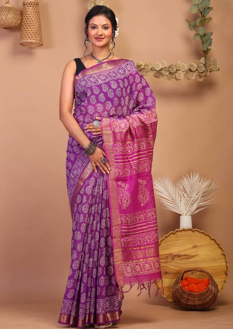purple & pink zari work cotton silk blend bhagalpuri ethnic saree with unstitched blouse