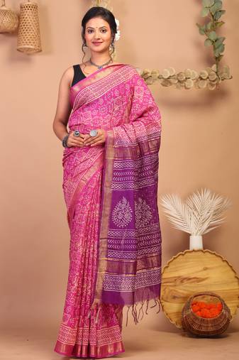 pink & purple zari work cotton silk blend bhagalpuri ethnic saree with unstitched blouse
