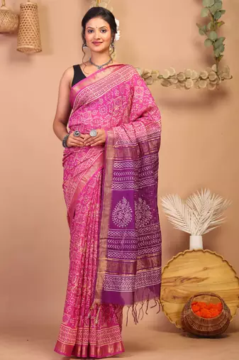 pink & purple zari work cotton silk blend bhagalpuri ethnic saree with unstitched blouse