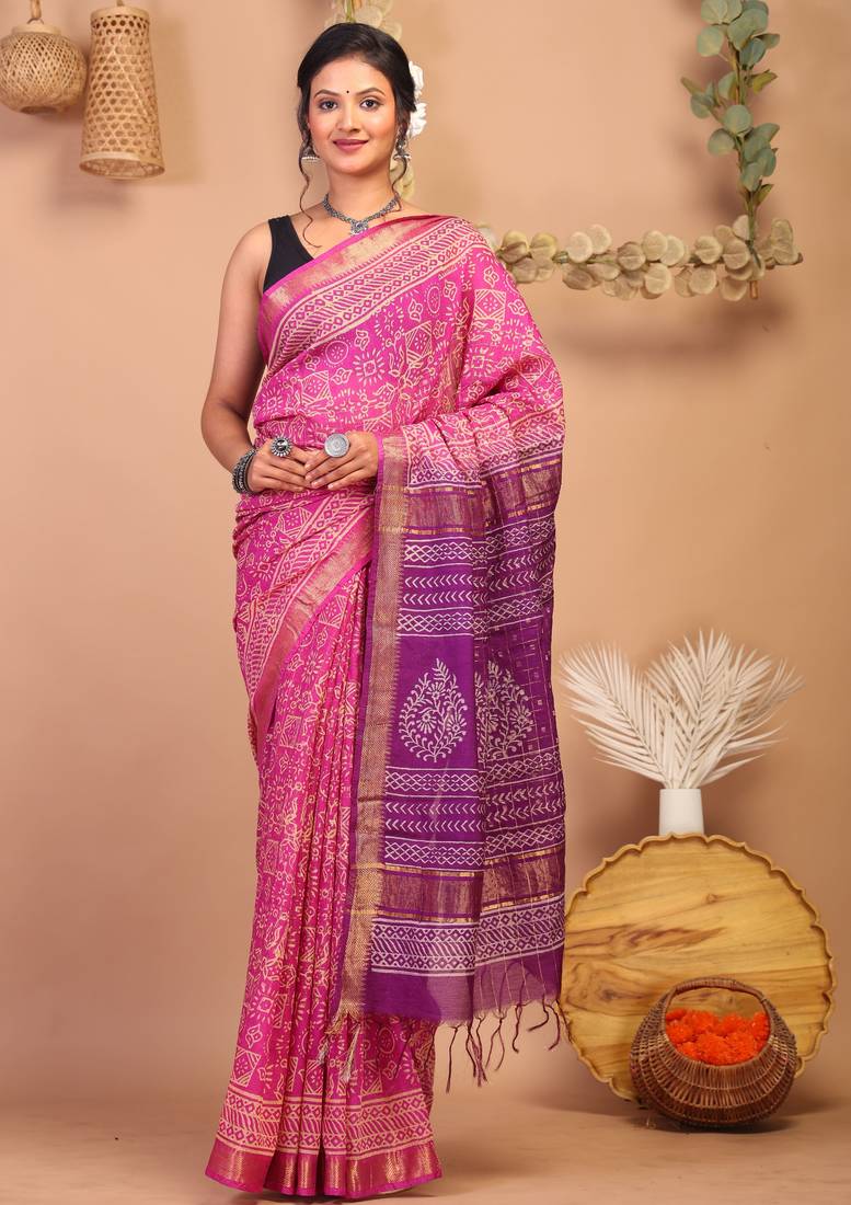 pink & purple zari work cotton silk blend bhagalpuri ethnic saree with unstitched blouse