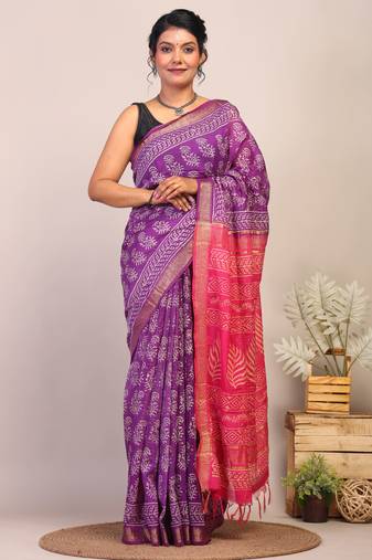 purple & pink zari work cotton silk blend bhagalpuri ethnic saree with unstitched blouse