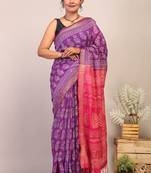 purple & pink zari work cotton silk blend bhagalpuri ethnic saree with unstitched blouse