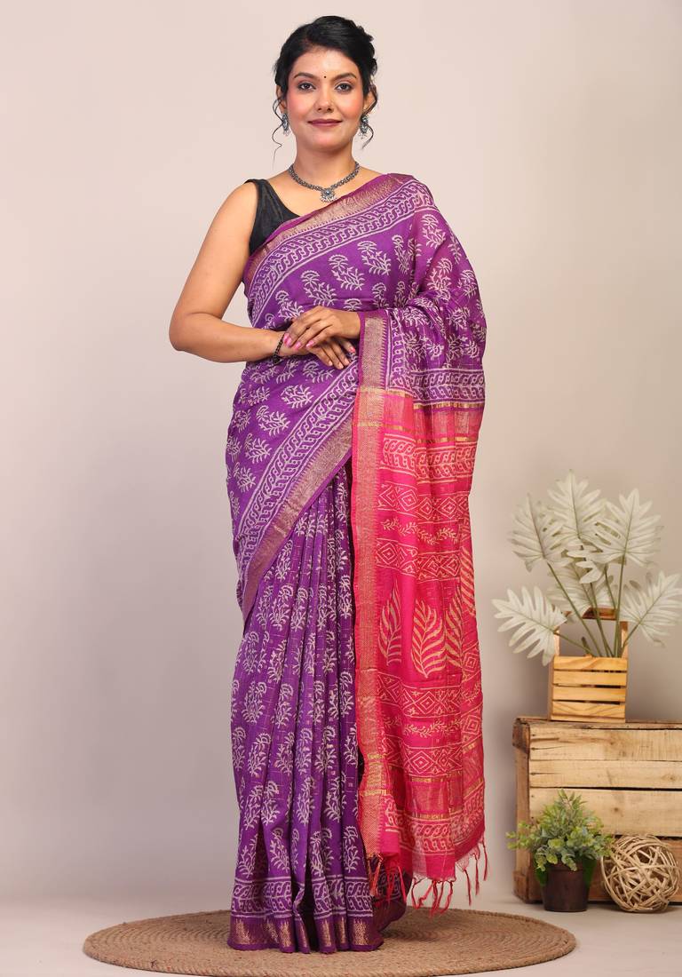 purple & pink zari work cotton silk blend bhagalpuri ethnic saree with unstitched blouse