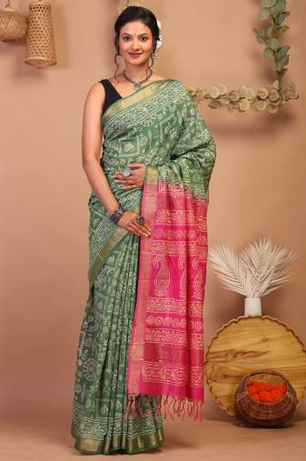 green & pink zari work cotton silk blend bhagalpuri ethnic saree with unstitched blouse