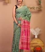 green & pink zari work cotton silk blend bhagalpuri ethnic saree with unstitched blouse