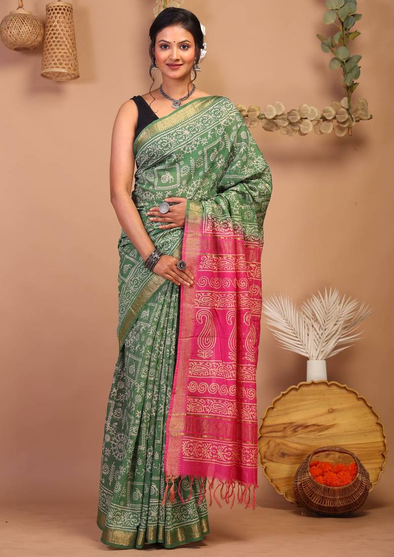 green & pink zari work cotton silk blend bhagalpuri ethnic saree with unstitched blouse