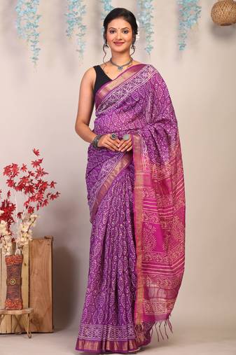 purple & pink zari work cotton silk blend bhagalpuri ethnic saree with unstitched blouse