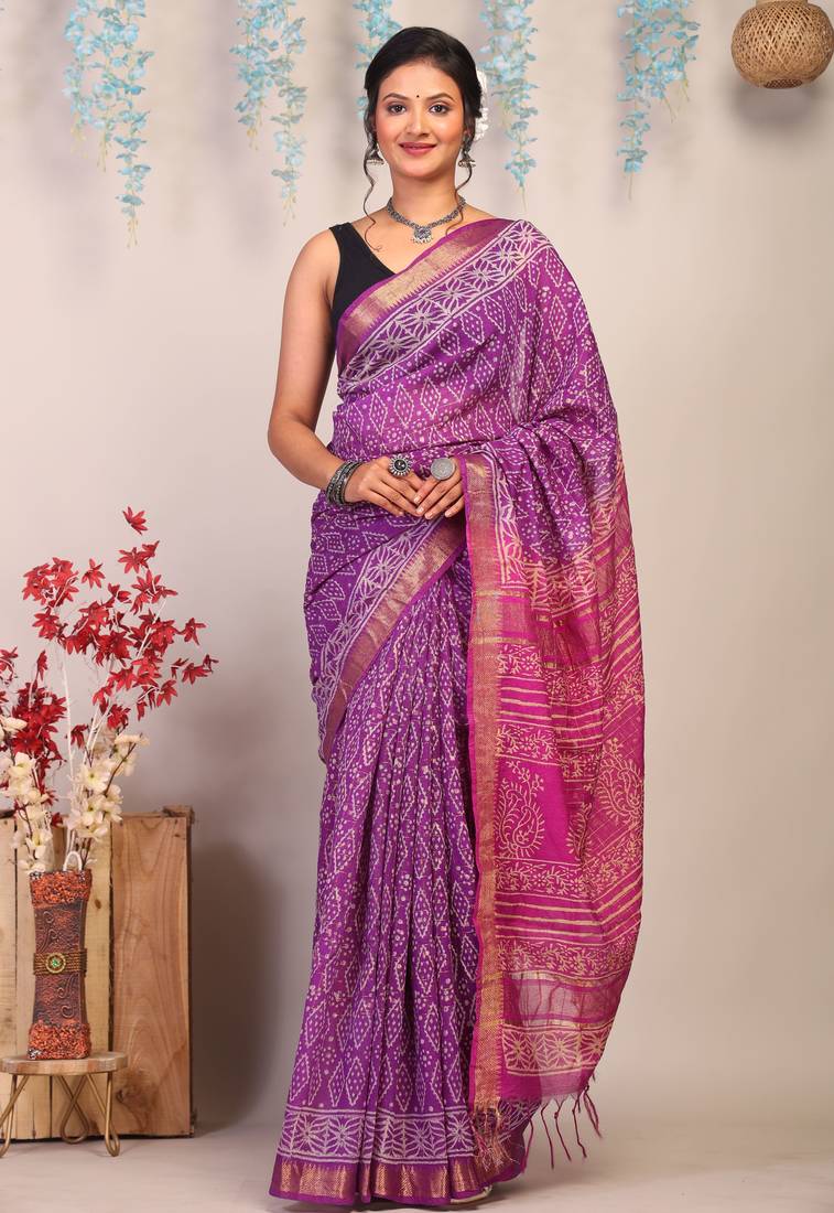 purple & pink zari work cotton silk blend bhagalpuri ethnic saree with unstitched blouse