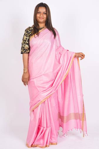 baby pink zari work blended cotton staple bhagalpuri ethnic saree with unstitched blouse