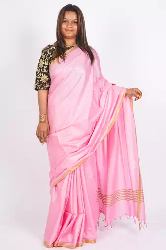 baby pink zari work blended cotton staple bhagalpuri ethnic saree with unstitched blouse