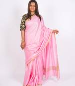 baby pink zari work blended cotton staple bhagalpuri ethnic saree with unstitched blouse