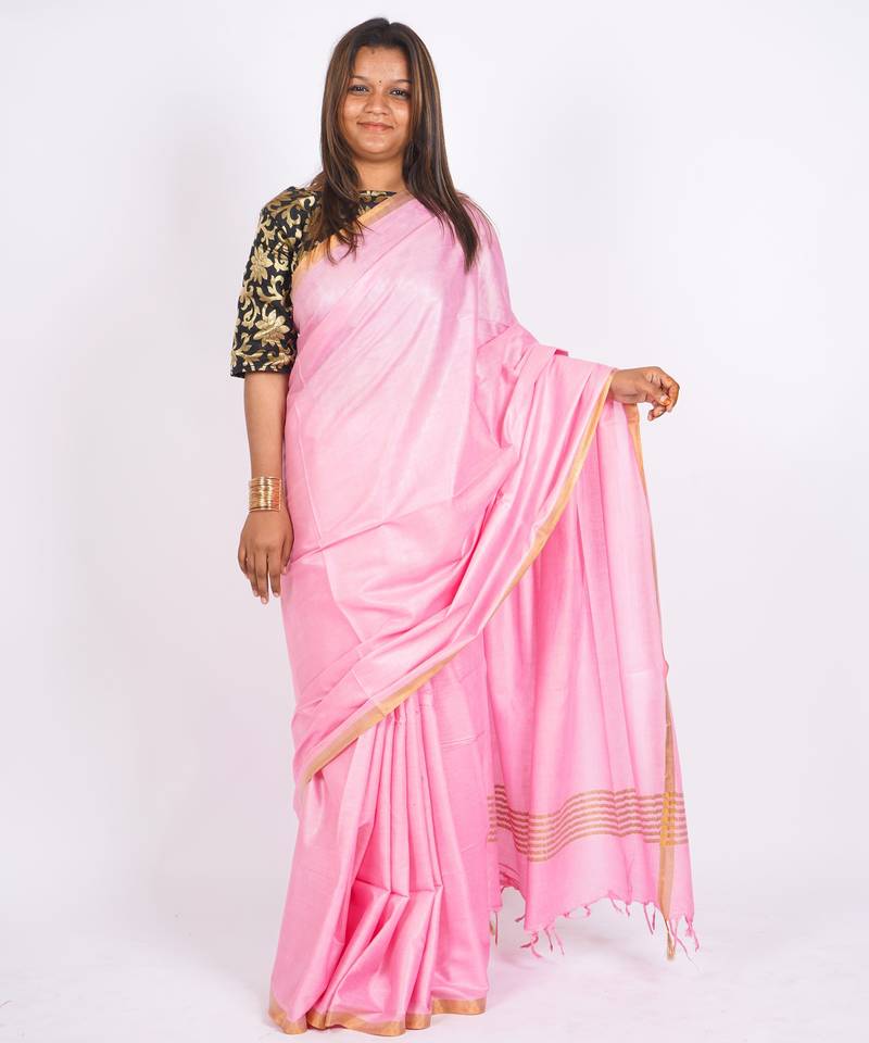 baby pink zari work blended cotton staple bhagalpuri ethnic saree with unstitched blouse