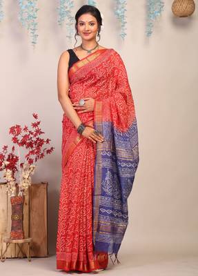 red & blue zari work cotton silk blend bhagalpuri ethnic saree with unstitched blouse 1