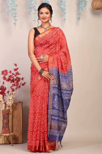 red & blue zari work cotton silk blend bhagalpuri ethnic saree with unstitched blouse