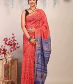 red & blue zari work cotton silk blend bhagalpuri ethnic saree with unstitched blouse