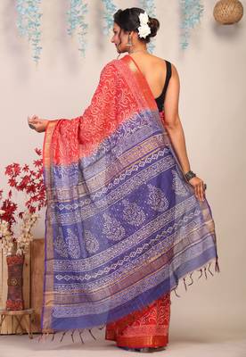 red & blue zari work cotton silk blend bhagalpuri ethnic saree with unstitched blouse 2