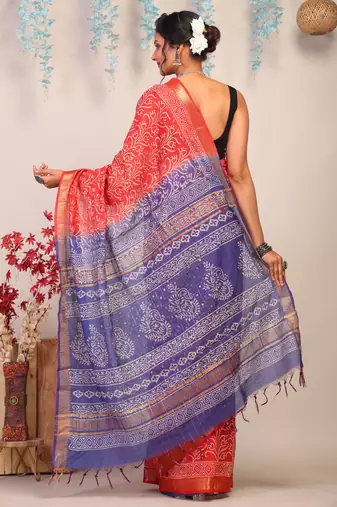 red & blue zari work cotton silk blend bhagalpuri ethnic saree with unstitched blouse