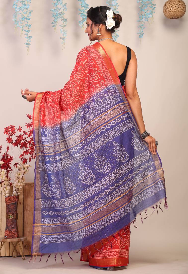 red & blue zari work cotton silk blend bhagalpuri ethnic saree with unstitched blouse