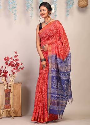 red & blue zari work cotton silk blend bhagalpuri ethnic saree with unstitched blouse 3