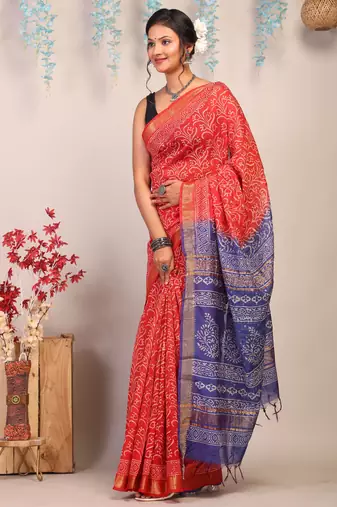 red & blue zari work cotton silk blend bhagalpuri ethnic saree with unstitched blouse