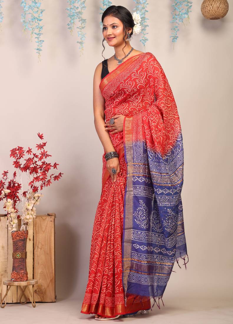 red & blue zari work cotton silk blend bhagalpuri ethnic saree with unstitched blouse