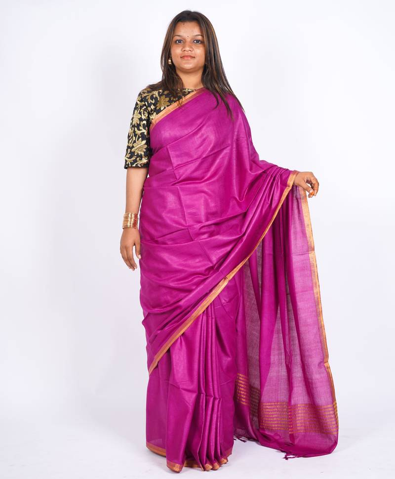 purple zari work blended cotton staple bhagalpuri ethnic saree with unstitched blouse