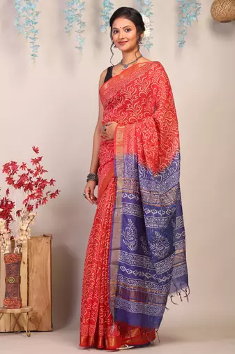 red & blue zari work cotton silk blend bhagalpuri ethnic saree with unstitched blouse
